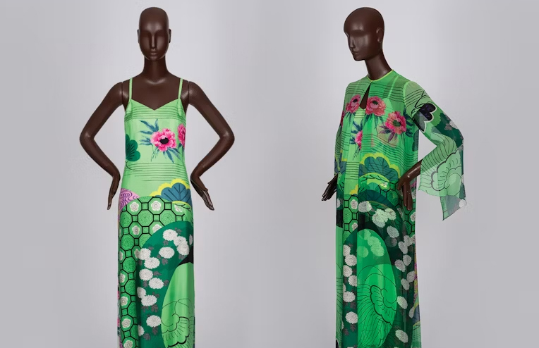 Two views of a floral hostess gown on a mannequin.