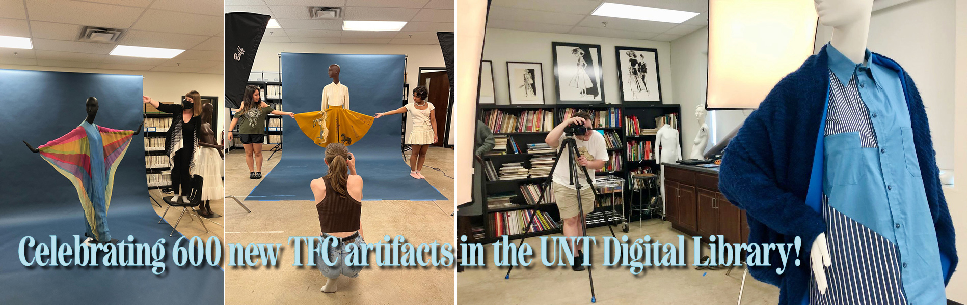 Three images of students photographing garments.